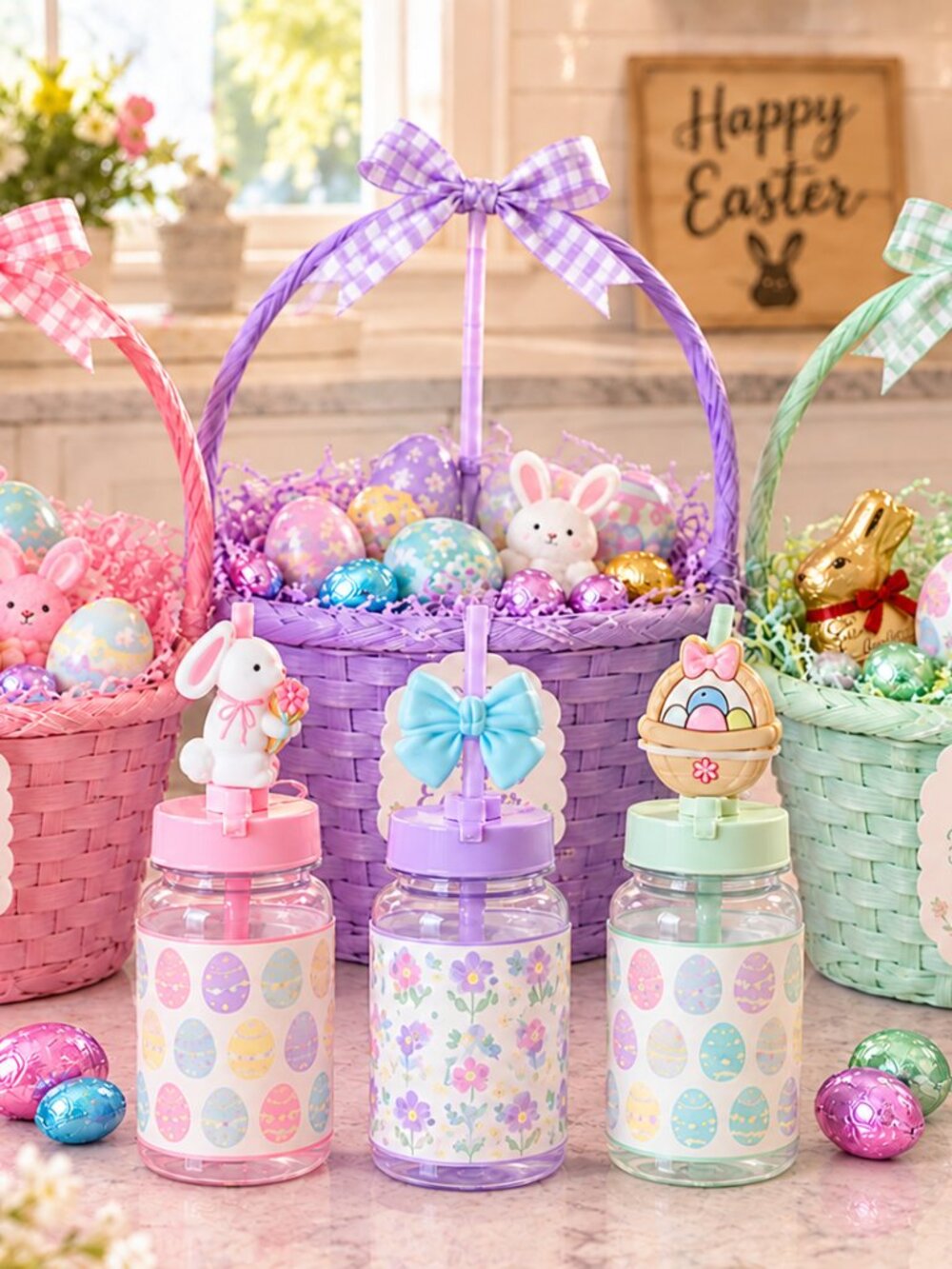NWT - CWC 6 pc Easter Themed Straw Toppers - Bunny, Blue Bow and Easter Basket